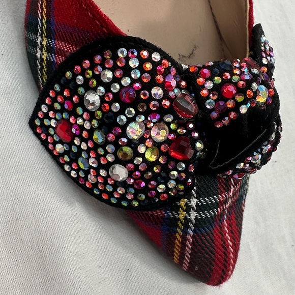 Betsey Johnson Red Tartan Plaid Lexie Kitten Heels Rhinestone Bows Shoes Sz 6m - Picture 10 of 13